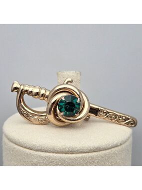 Coro Sword Brooch with Green Crystal Vintage Designer Signed Gold-tone Pin